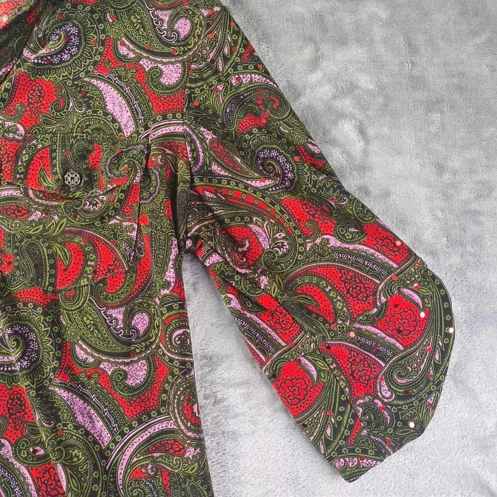 Rebecca Malone Paisley Button Top S Retro Stretch Art to Wear Statement‎ Top